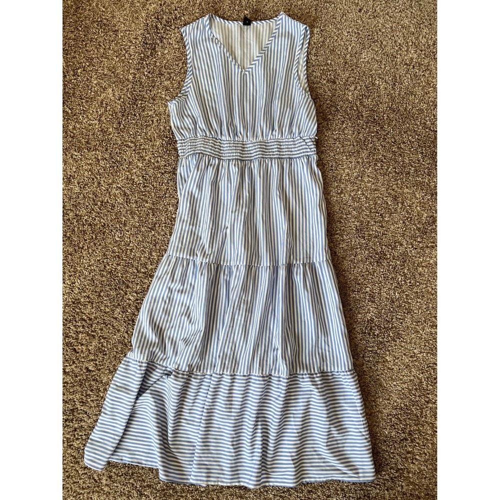 Emery Rose Blue White Striped Tiered Midi Dress Smocked Waist V-Neck Large - Picture 2 of 3